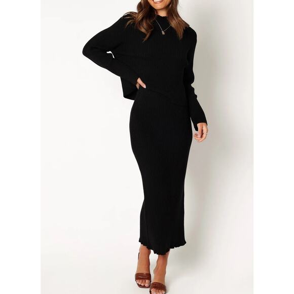 Petal & Pup Payton Knitted Ribbed Sweater and Midi Skirt Set Black Medium - Picture 1 of 10